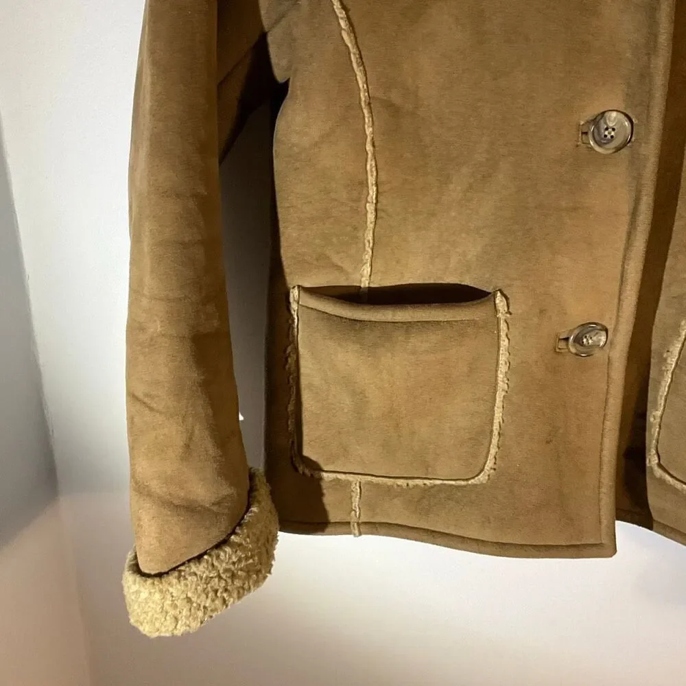 Fjall Sherpa Jacket, Small. Brown Pockets. Faux Suede, Shearling. Thick and warm